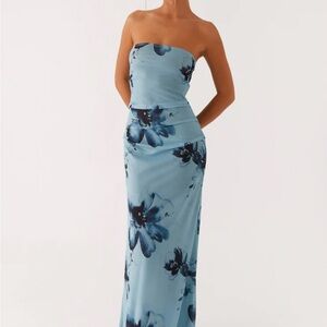 Blue Floral Strapless Dress Peppermayo